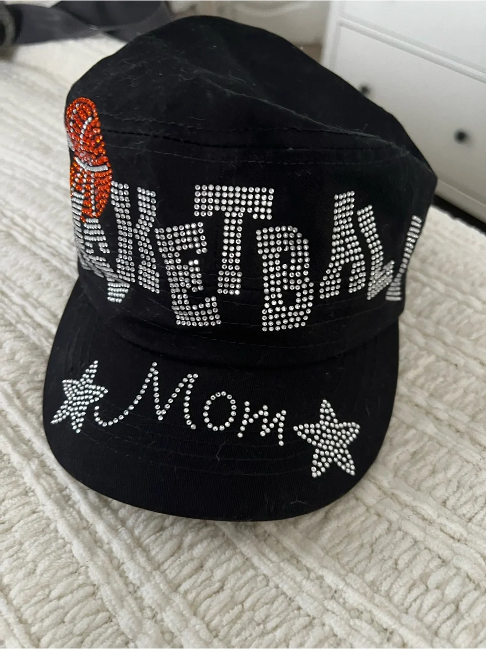 Mom Rhinestone Black Baseball Cap with Orange Accent